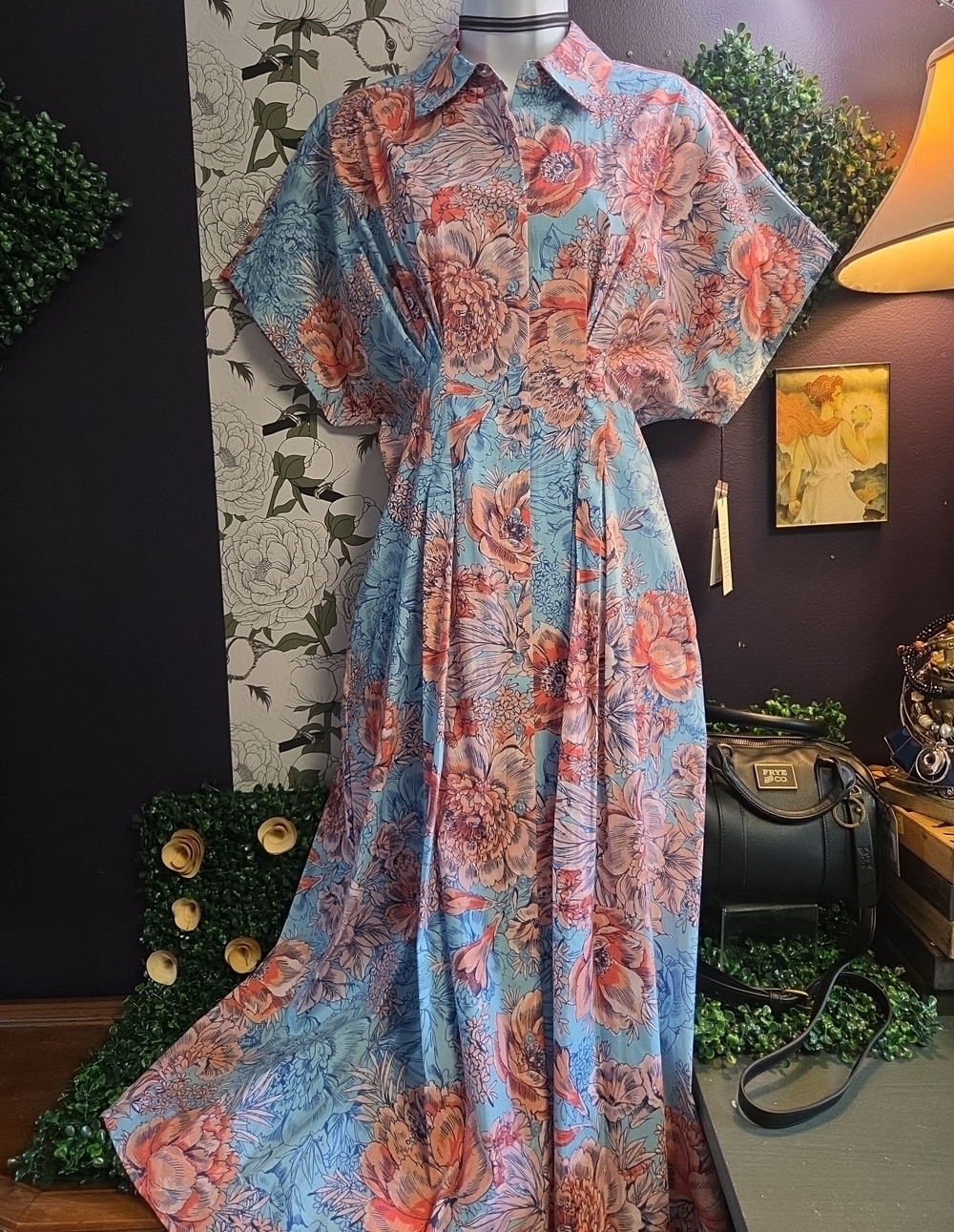 Pleated Floral Riot Shirt Dress By Nicole Miller -Bat Wing Style Sleeves - Sz 10 - Picture 2 of 10